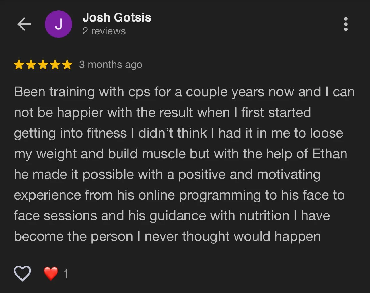 Online review for personal training service Catalyst Performance Systems, five-star rating, positive feedback about fitness progress and guidance, user named Josh Gotsis.