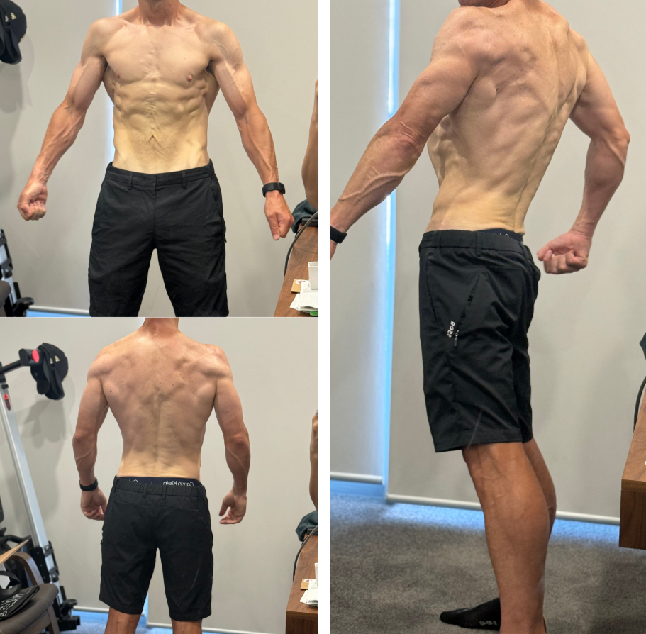 Three photos of a shirtless elderly man showing his muscular physique from different angles, in a room with plain walls and gym equipment.