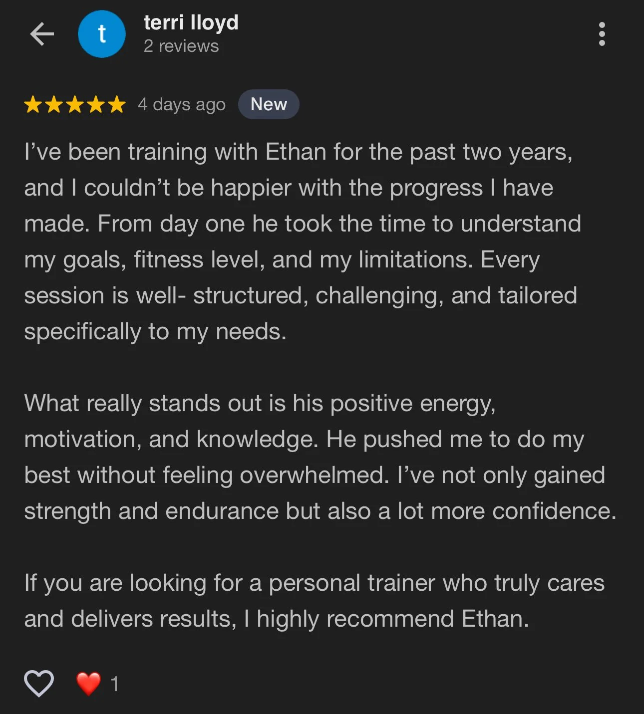 Screenshot of a glowing positive review for a personal trainer named Ethan from Catalyst Performance Systems, praising his motivation, knowledge, and tailored training sessions.