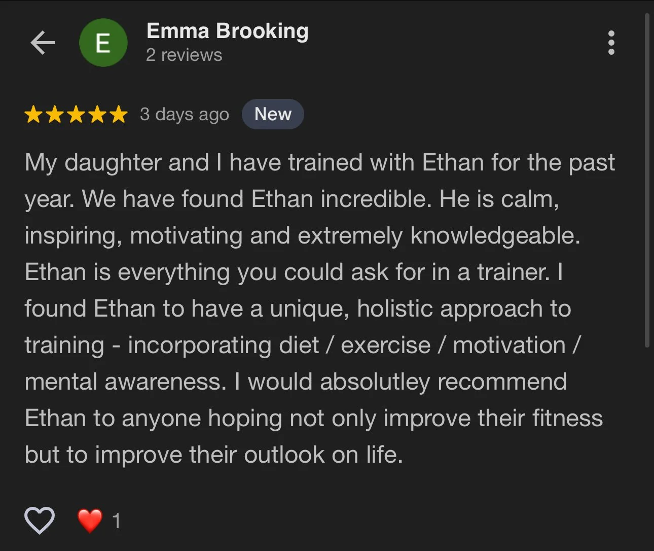 Google review for Ethan from Catalyt Performance, mentioning positive experiences with training, highlighting Ethan's calmness, inspiration, motivation, knowledge, and holistic approach, recommending him for fitness and mental outlook improvement.