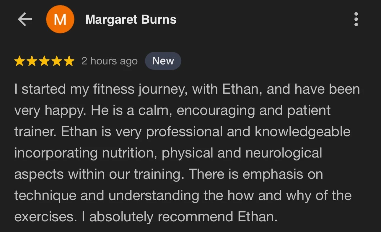Screenshot of a Google review for Catalyst Performance Systems by Margaret Burns praising Ethan for his professional personal training, mentioning their fitness journey and recommending Ethan.