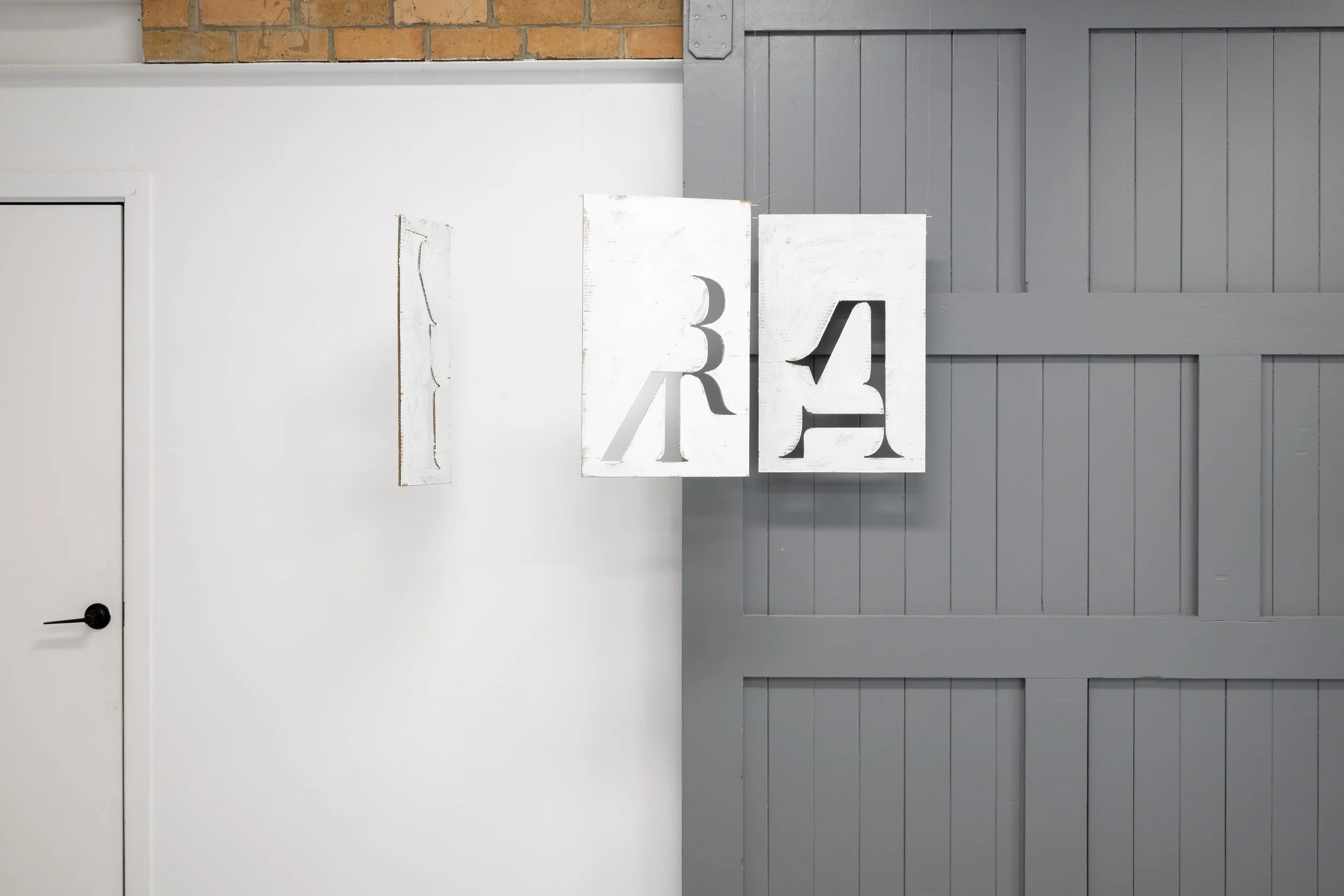 Aaron Perkins, 'Odradek', Unique glyph components of Butler Stencil (Medium), reformed and excised from cardboard with acrylic and cement, Nine components, various dimensions, 2026
