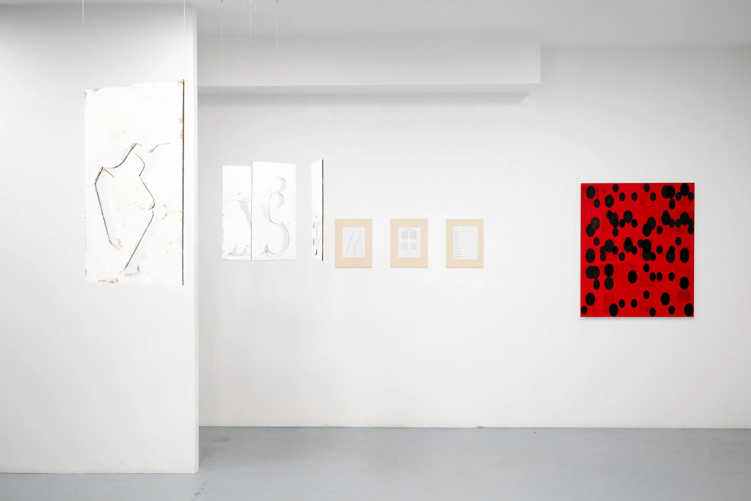 Work by Aaron Perkins, Lani Knezevic, and Mark Gowing. 

Mark Gowing, 'Language system of counter ellipses (e-bike in garden, e-bike in river)',
Enamel, acrylic, graphite and book pages on aluminium, 106 x 89 cm, 2025
