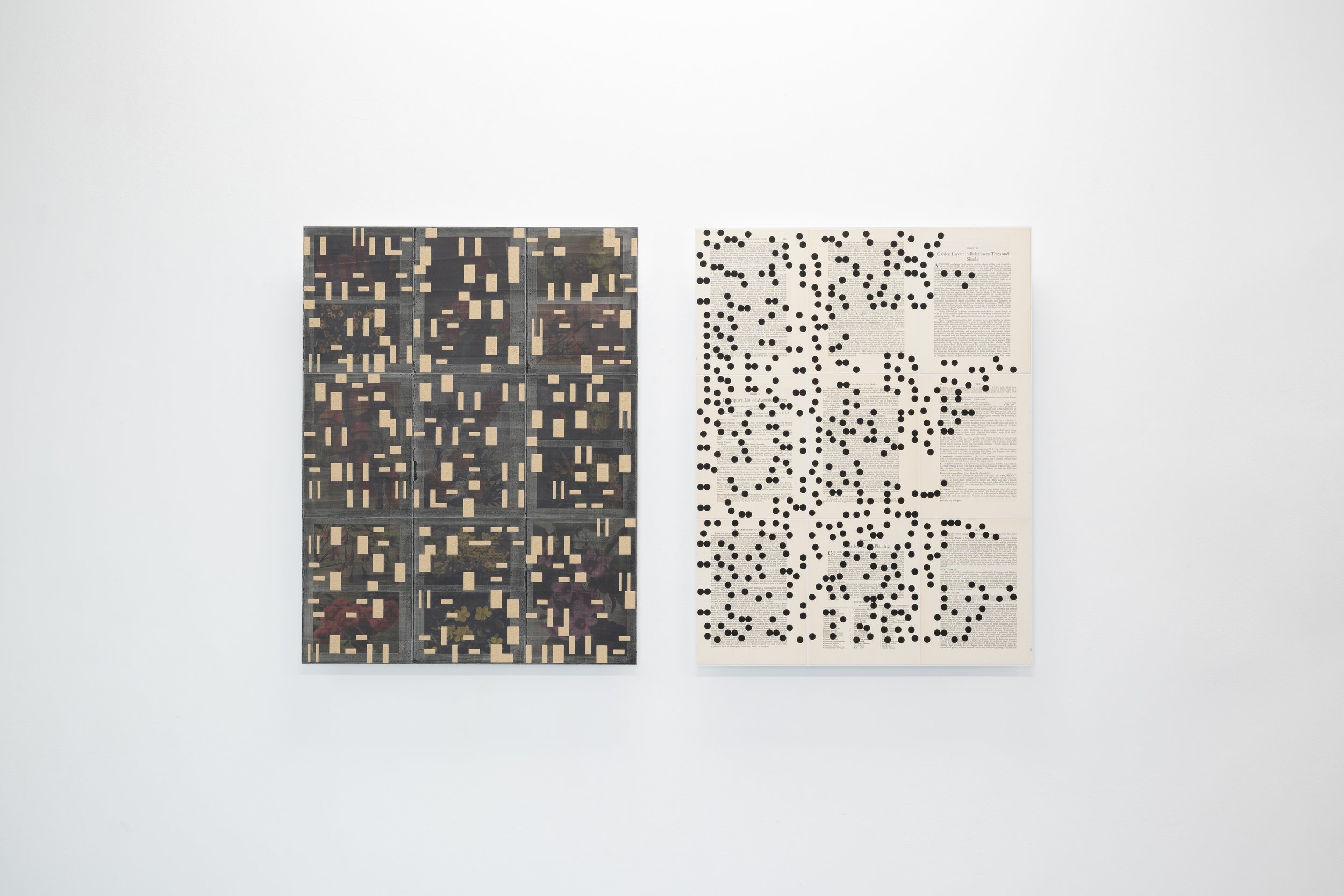 Mark Gowing, 'Language system of counter oblongs (I wish I had listened)' (Natural ochre, acrylic, graphite and book pages on aluminium, 73 x 56 cm, 2025) and 'Language system of counter circles (This one is a song)' (Acrylic, graphite and book pages