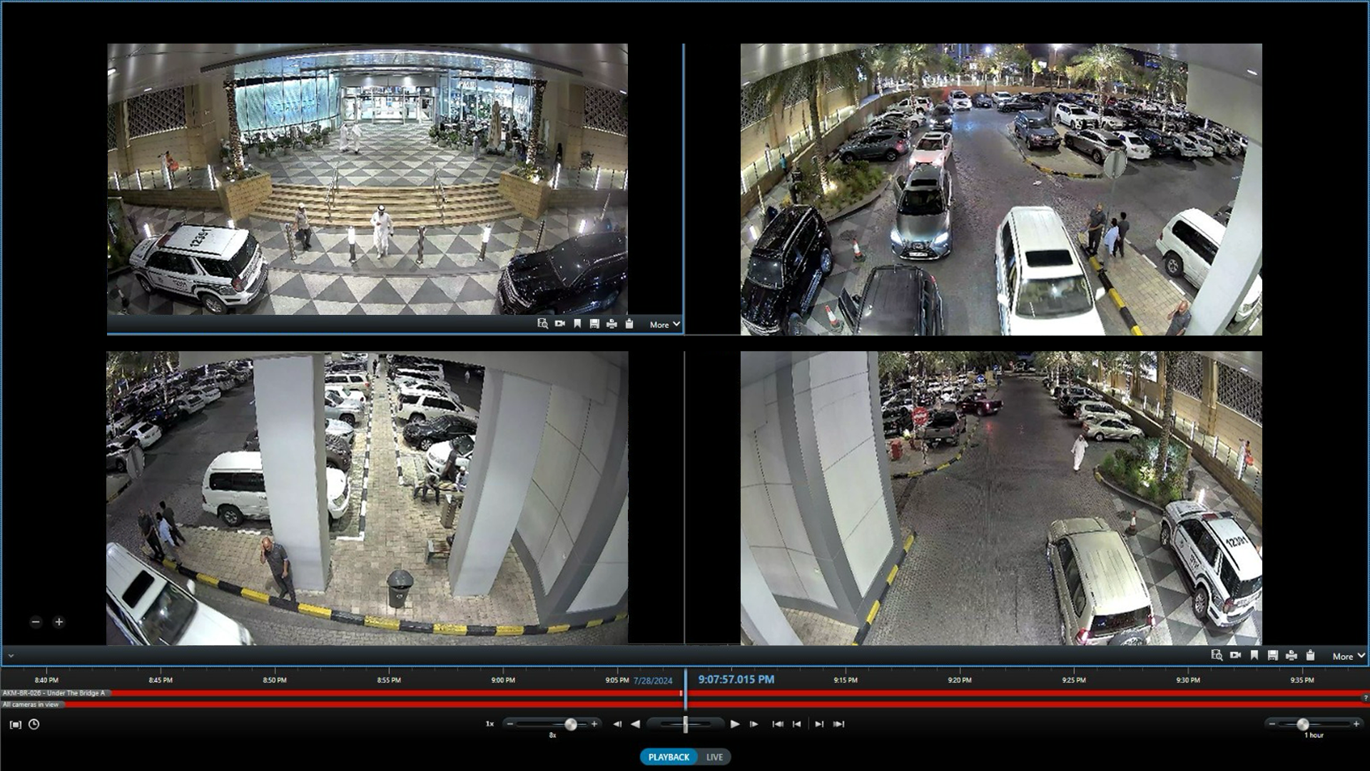 Screenshots of security camera feeds showing different views of a parking lot and building entrance, with cars and pedestrians, captured at night.