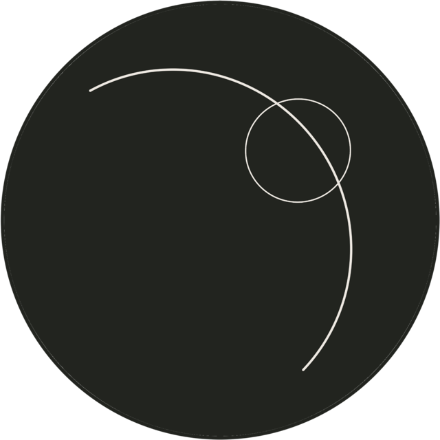 Black circular background with white several curved lines and a small circle.