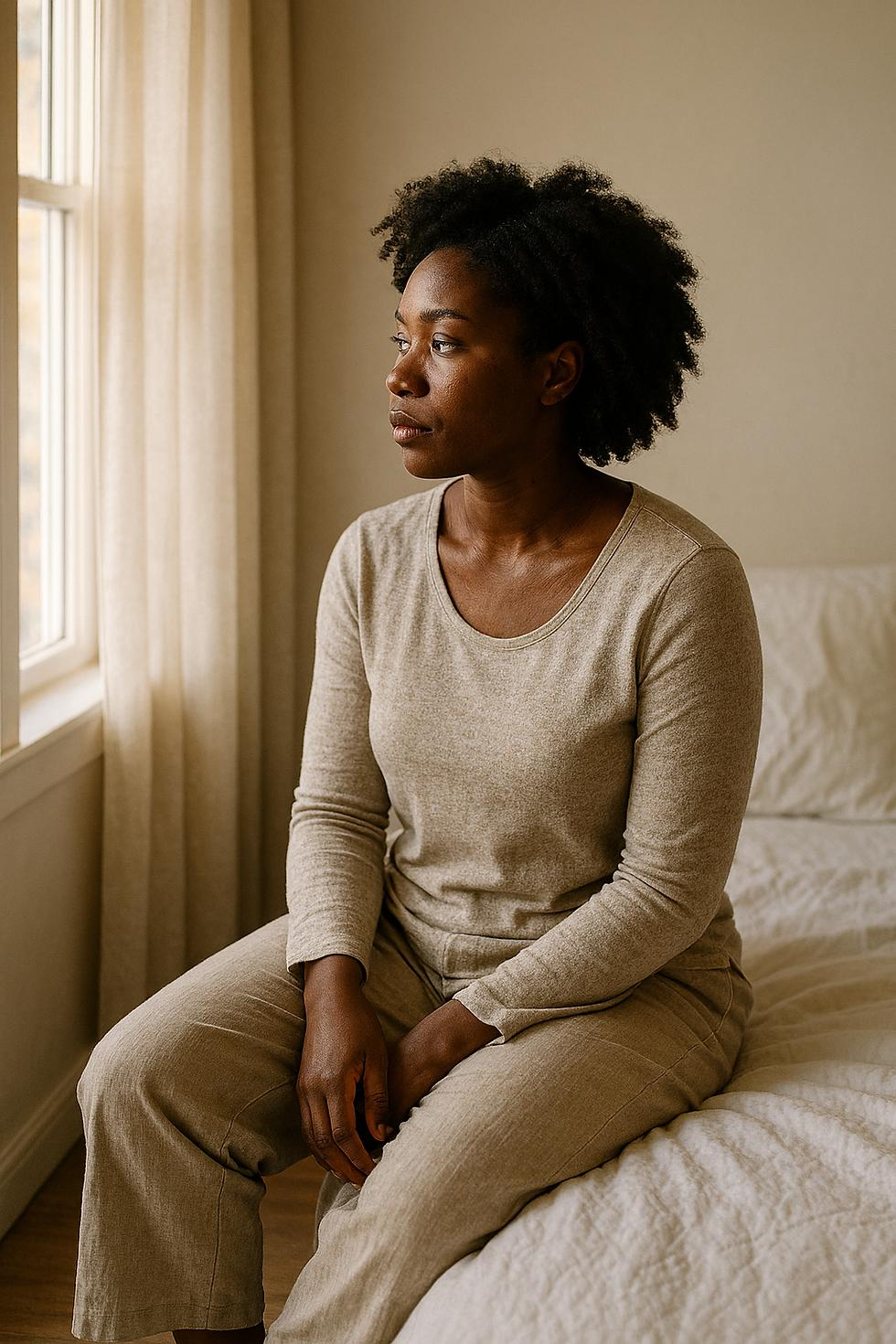 Black woman sitting quietly by a window reflecting during a peaceful morning, symbolizing healing from overthinking and anxiety.