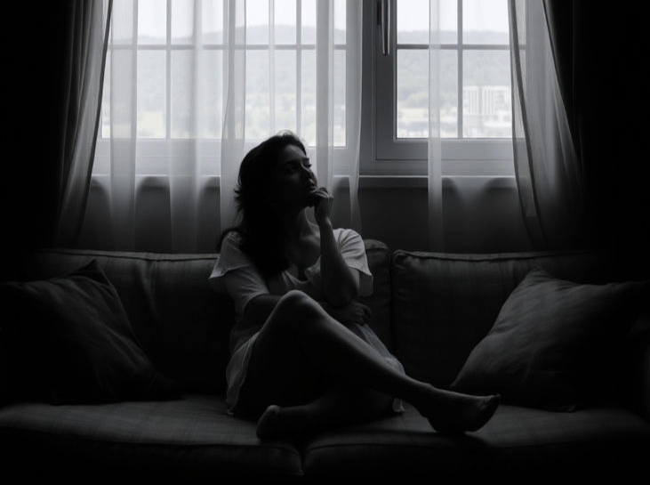 Complicated grief — woman missing someone who hurt her, sitting alone by the window