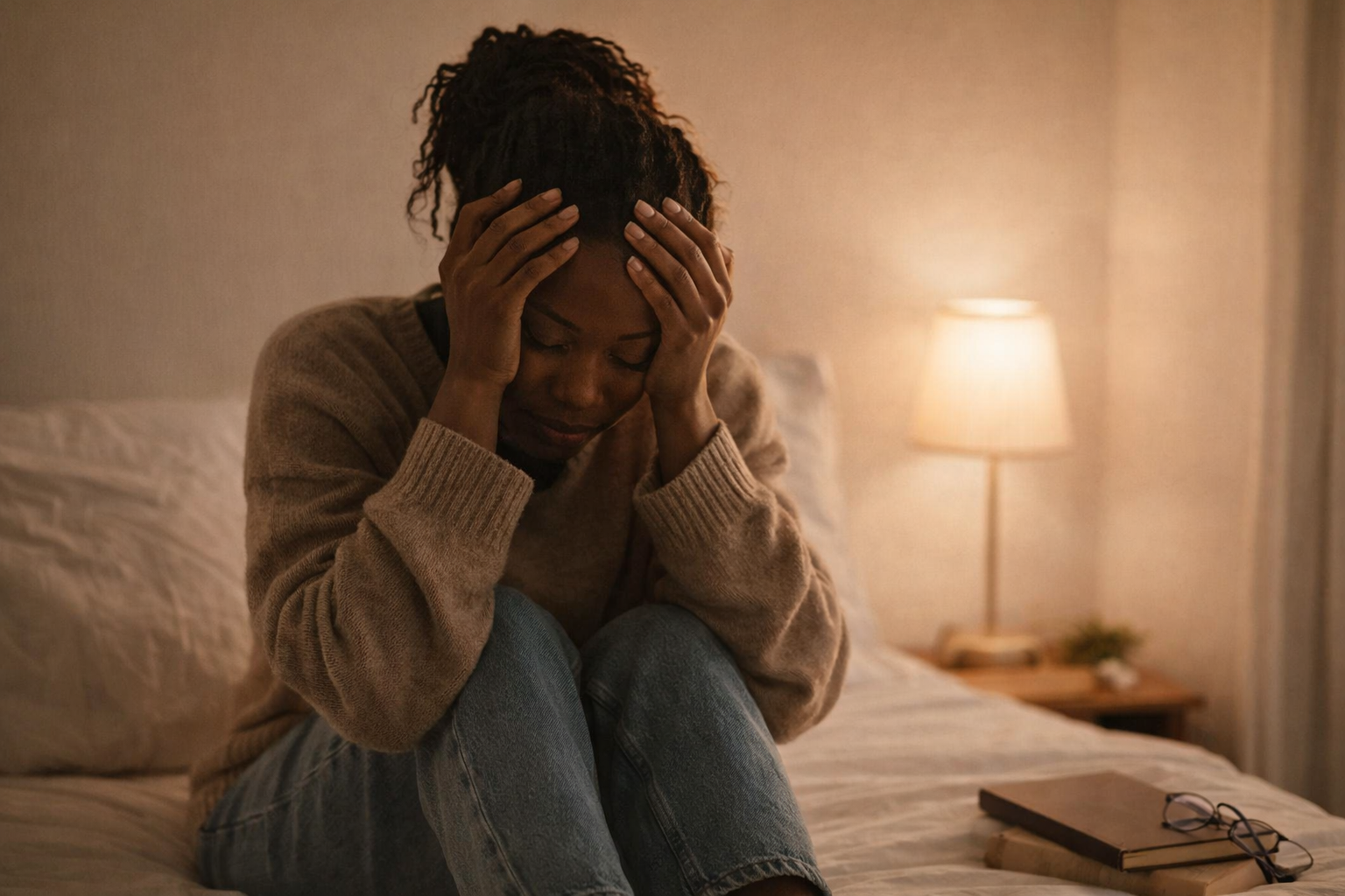 emotionally exhausted woman sitting on bed overwhelmed by burnout and chronic stress