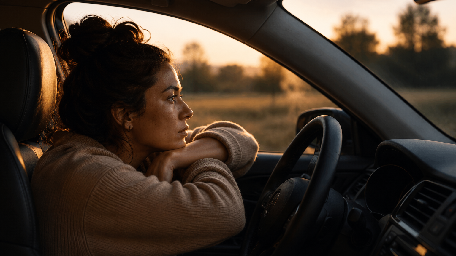Woman sitting quietly in her car at sunset, appearing emotionally drained and overwhelmed while navigating the effects of trauma and chronic stress.