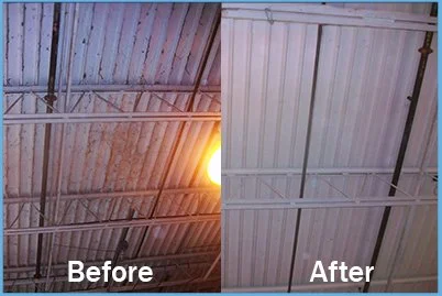 Before and After of dusty metal sheet roof cleaned