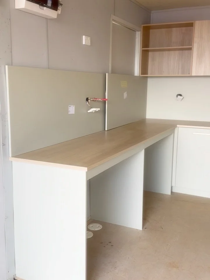 The site shed kitchen is now complete and ready for the final details, splashbacks and appliances to be installed. This space is functional, clean and ready to support workers who will be building the new Melton Hospital. Space to prepare meals and t