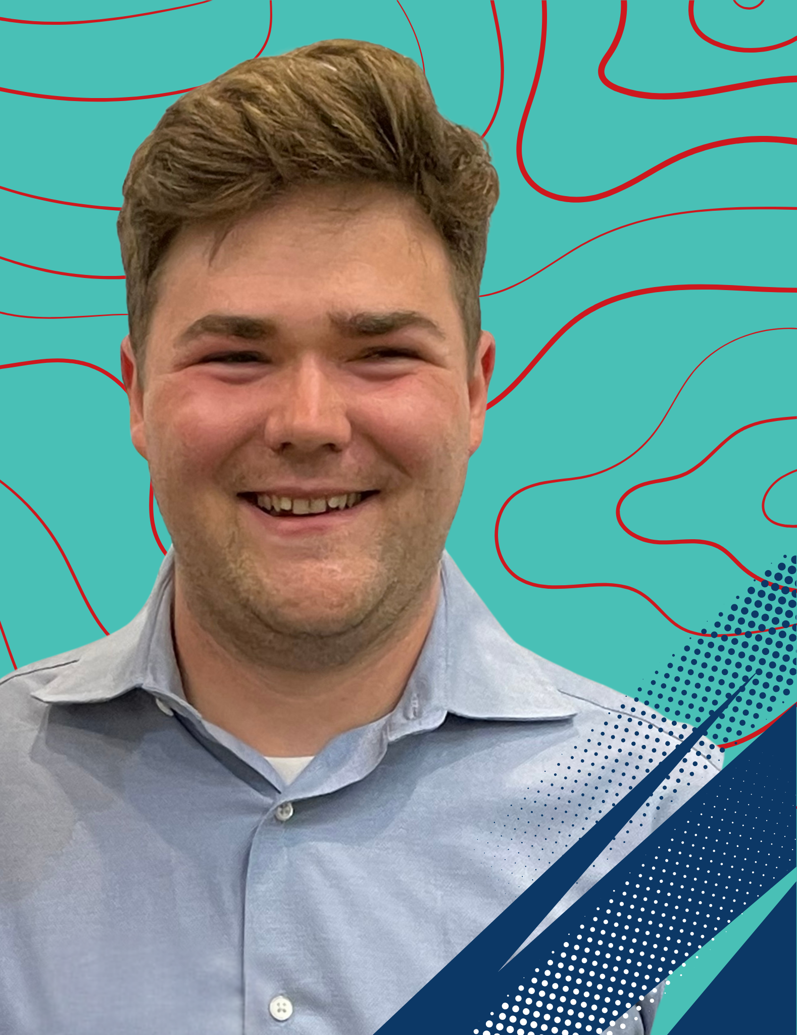 Person in a light blue shirt smiling in front of a backdrop with educational text.