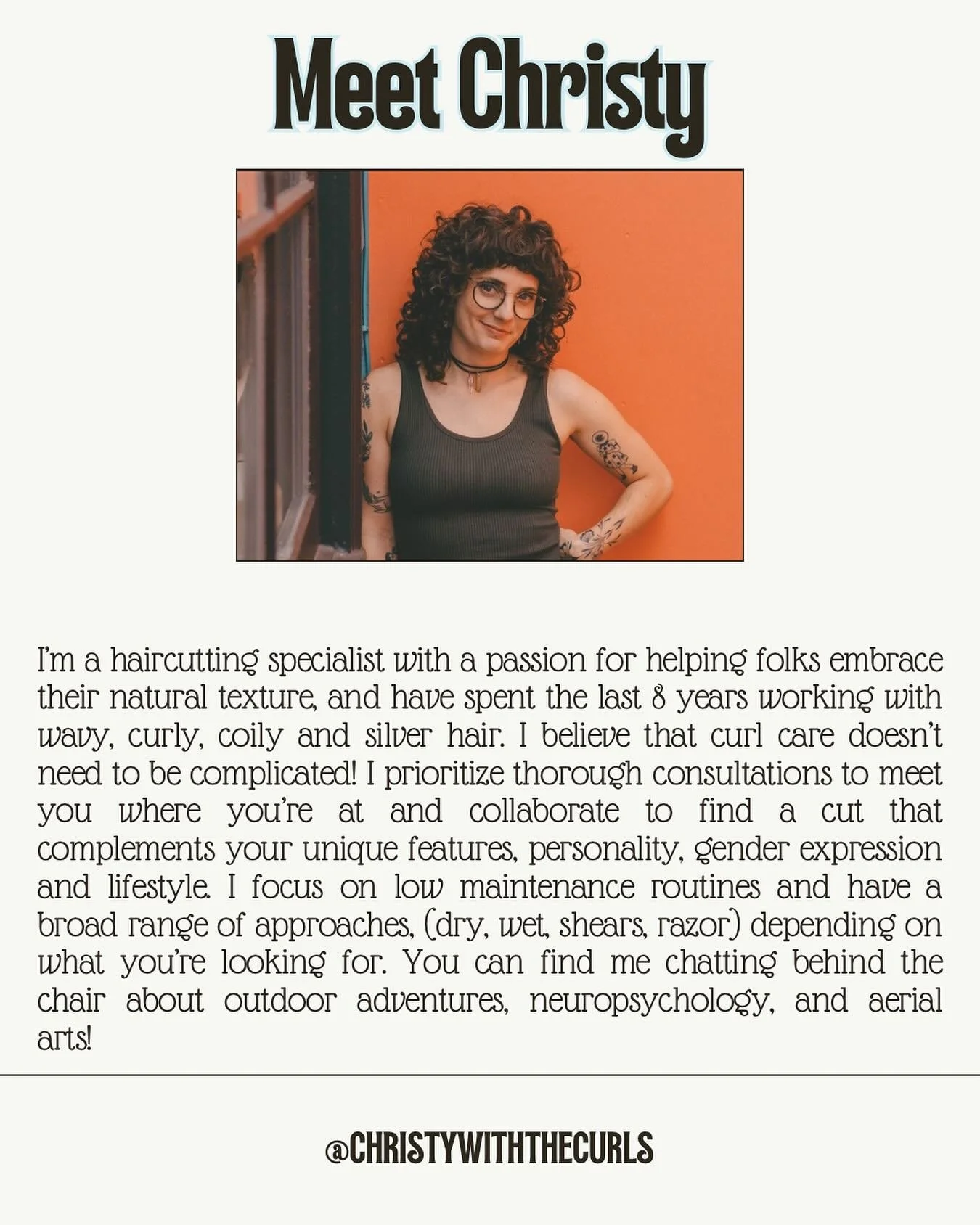 I&rsquo;m a haircutting specialist with a passion for helping folks embrace their natural texture, and have spent the last 8 years working with wavy, curly, coily and silver hair. I believe that curl care doesn&rsquo;t need to be complicated! I prior