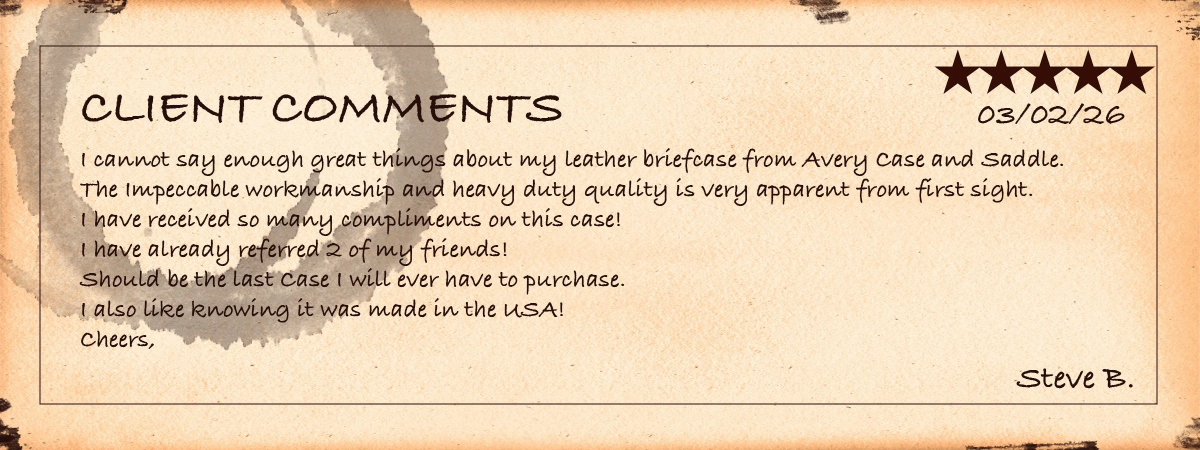 Customer review of leather briefcase with five-star rating, dated March 2, 2026, praising the craftsmanship and made in the USA, signed by Steve B.