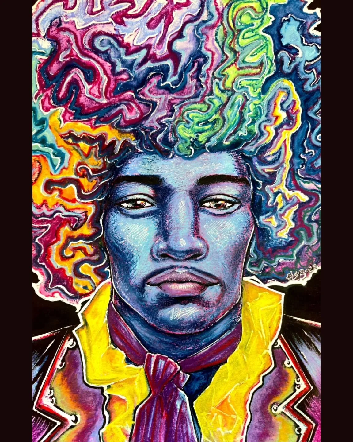 Rainy Days - Jimi Hendrix

Mixed media; Ink, Pastel, and Whiteout on Paper