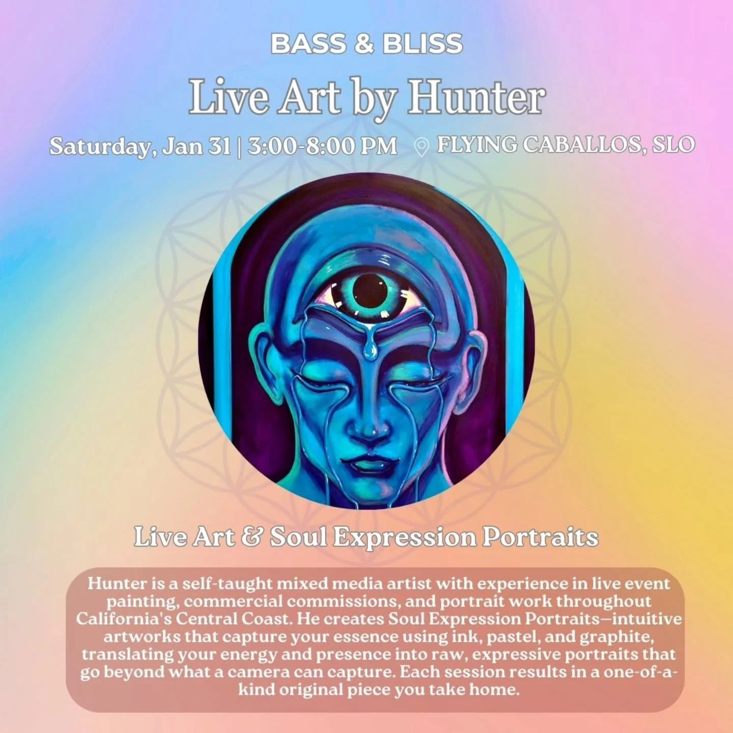 So excited to be livepainting at Bass and Bliss next weekend on January 31st at @flyingcaballosranch

I'll be making a canvas piece throughout the event and offering guests a 'Soul Expression' Portrait service

If you want a day of dance, music, art,