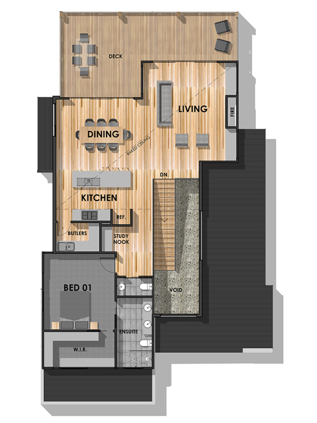 Floor plan layout featuring a deck, dining area, kitchen, living room, bedroom with ensuite bathroom, study nook, and butler's pantry.
