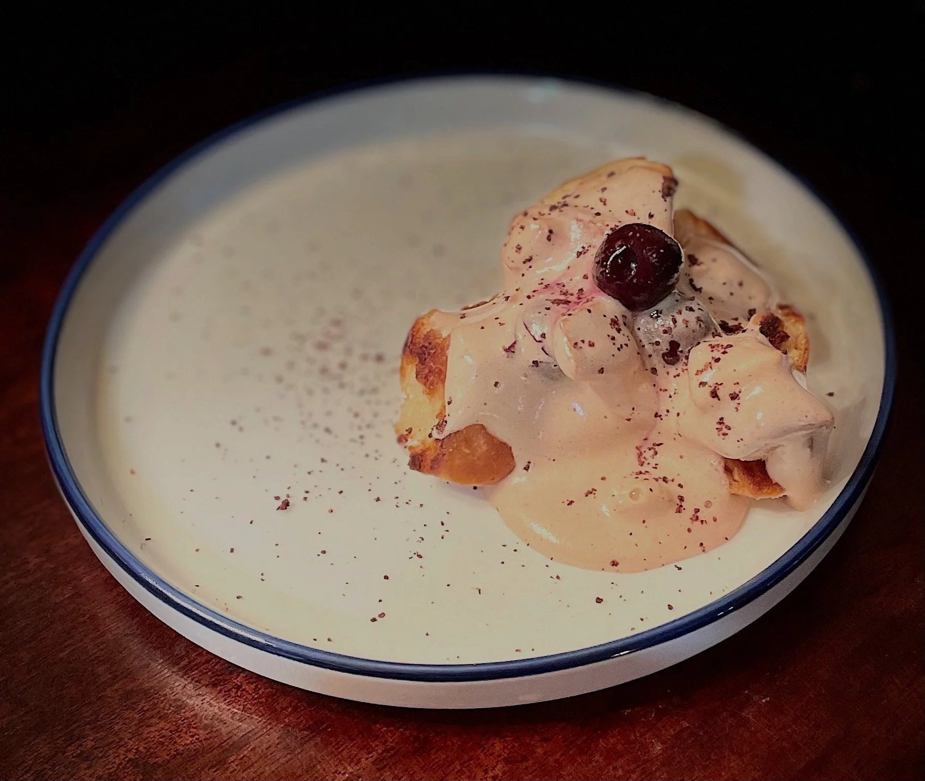 zabaglione italian dessert cherries toasted biscuit hibiscus fine dining monmouth county new jersey caterer private dining chef near me