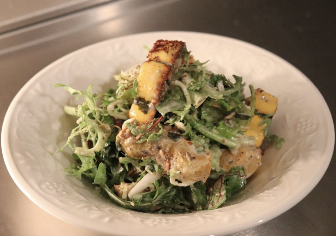 roasted delicata squash. kula farms mixed greens including mustard greens and sorrel. biscuit croutons. coconut milk vinaigrette. asbury park farmed. monmouth county new jersey caterer private dining chef near me