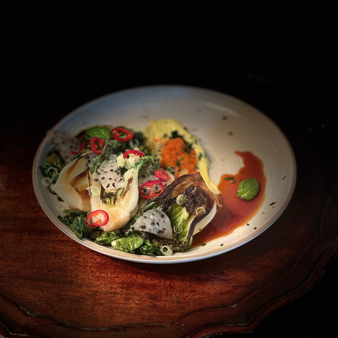 asian fusion salad seared bok choy. carrot ginger gremolata. white dragonfruit. key lime aioli. hot soy glaze. lemongrass. monmouth county new jersey caterer private dining chef near me asbury park red bank rumson bay head wall