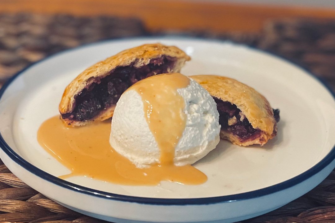 dessert of homemade berries and cream handpies. cinnamon whipped cream. coconut caramel. monmouth county new jersey caterer private dining chef near me