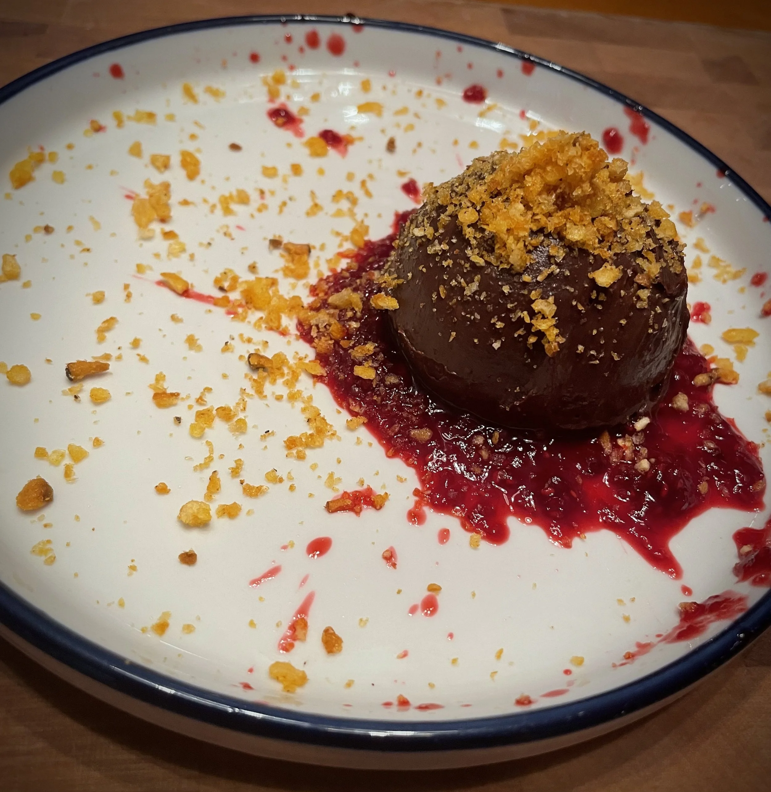 mexican hot chocolate truffle. raspberry syrup. toasted corn. tajin. silly splatter plating requested by guest monmouth county new jersey caterer private dining chef near me