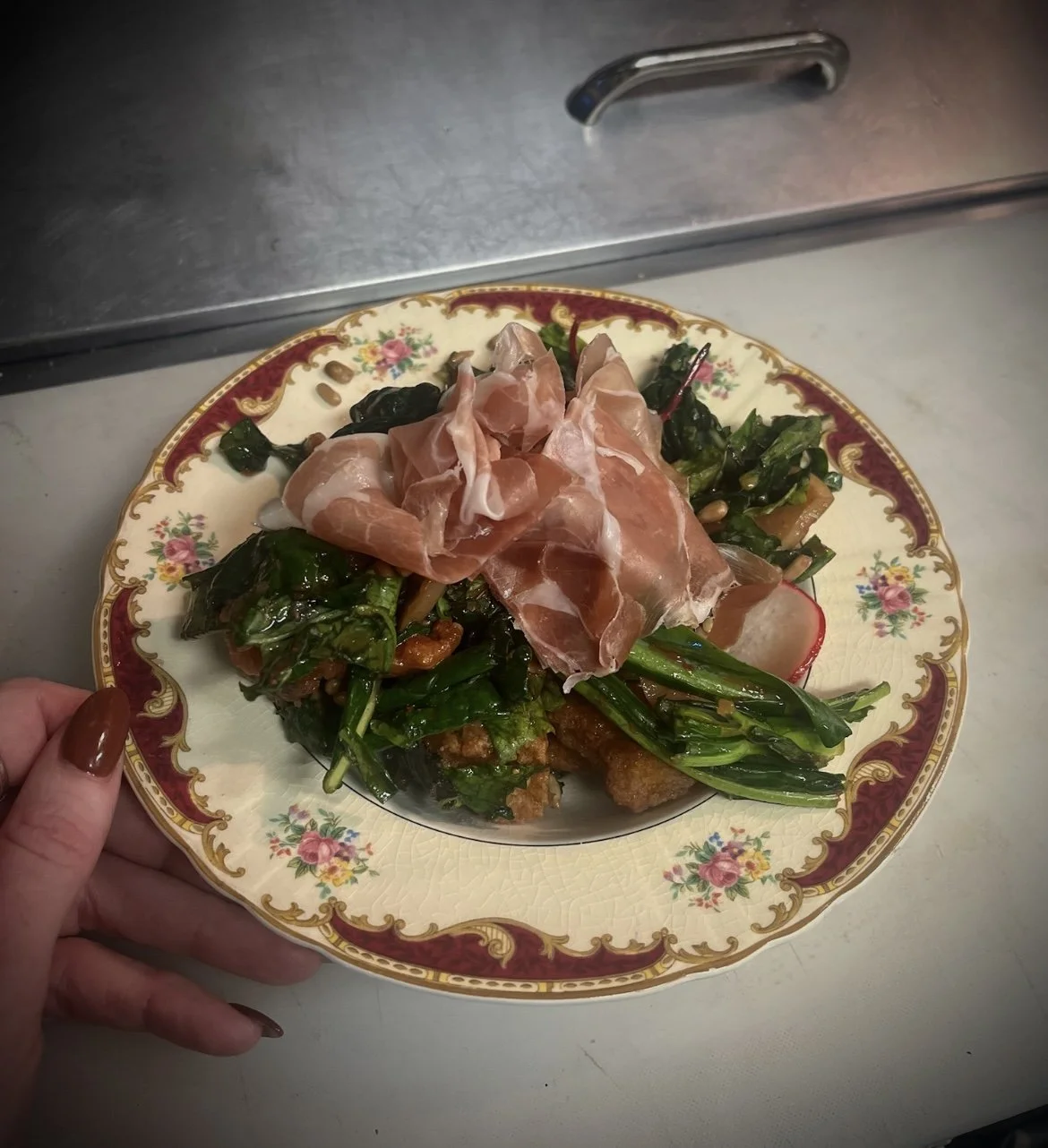 country salad prosciutto kula farms mixed greens apples biscuit croutons strawberry vinaigrette monmouth county catering from a 2025 asbury park multi-course monmouth county new jersey caterer private dining chef near me