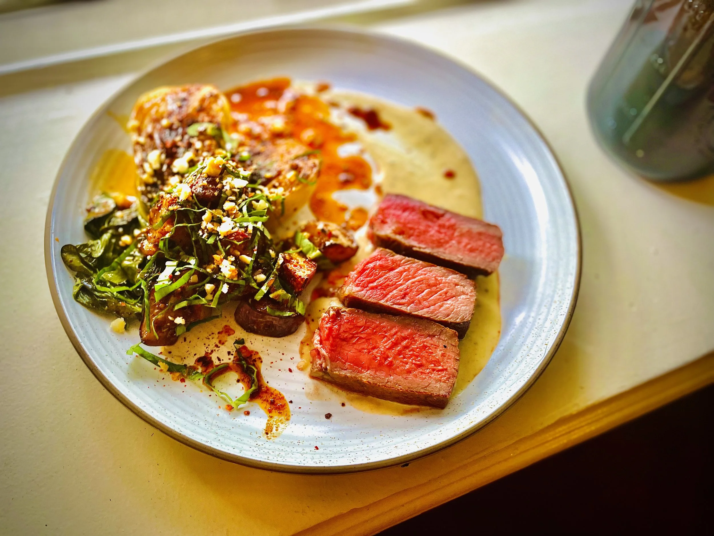 medium rare sous vide dry aged ribeye crispy eggplant celery root puree basil gluten free dish monmouth county new jersey caterer private dining chef near me