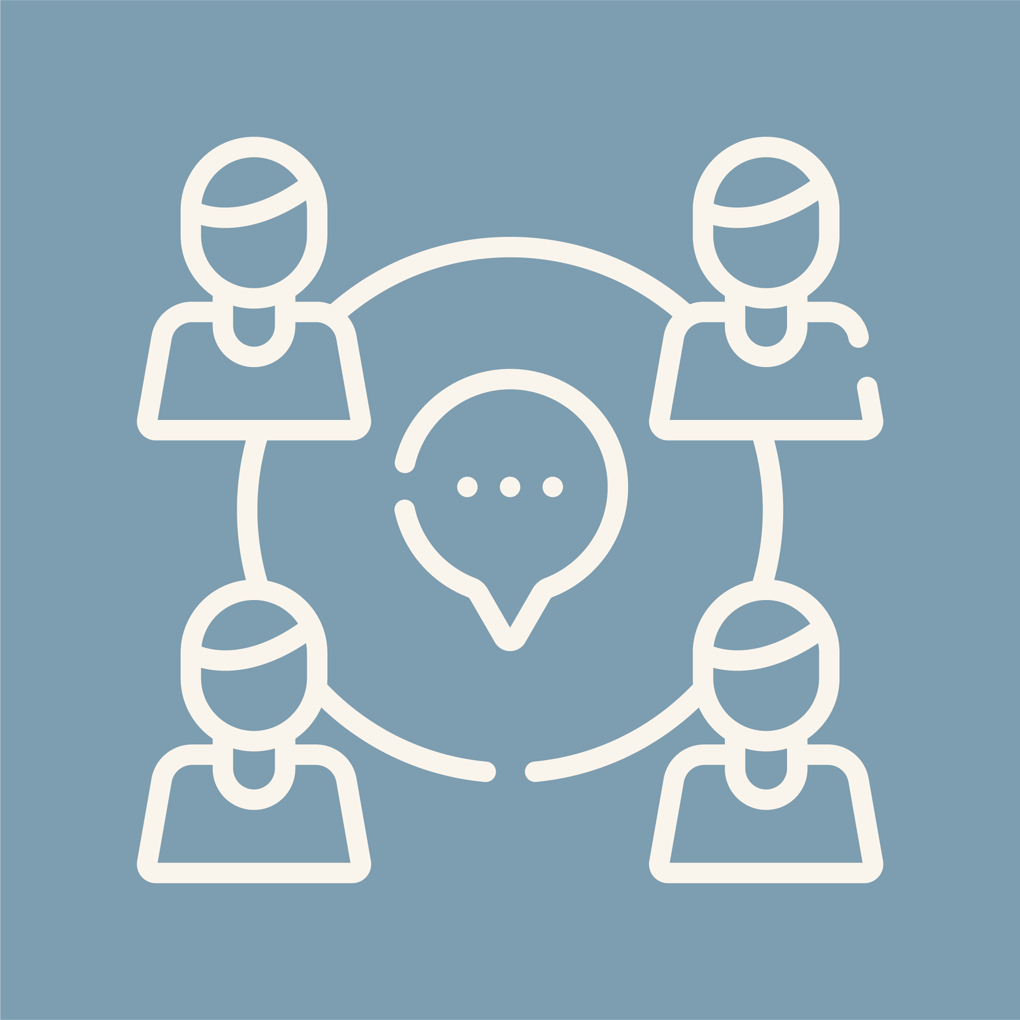 Icon of four people connected around a speech bubble, symbolizing communication and collaboration on a blue background.
