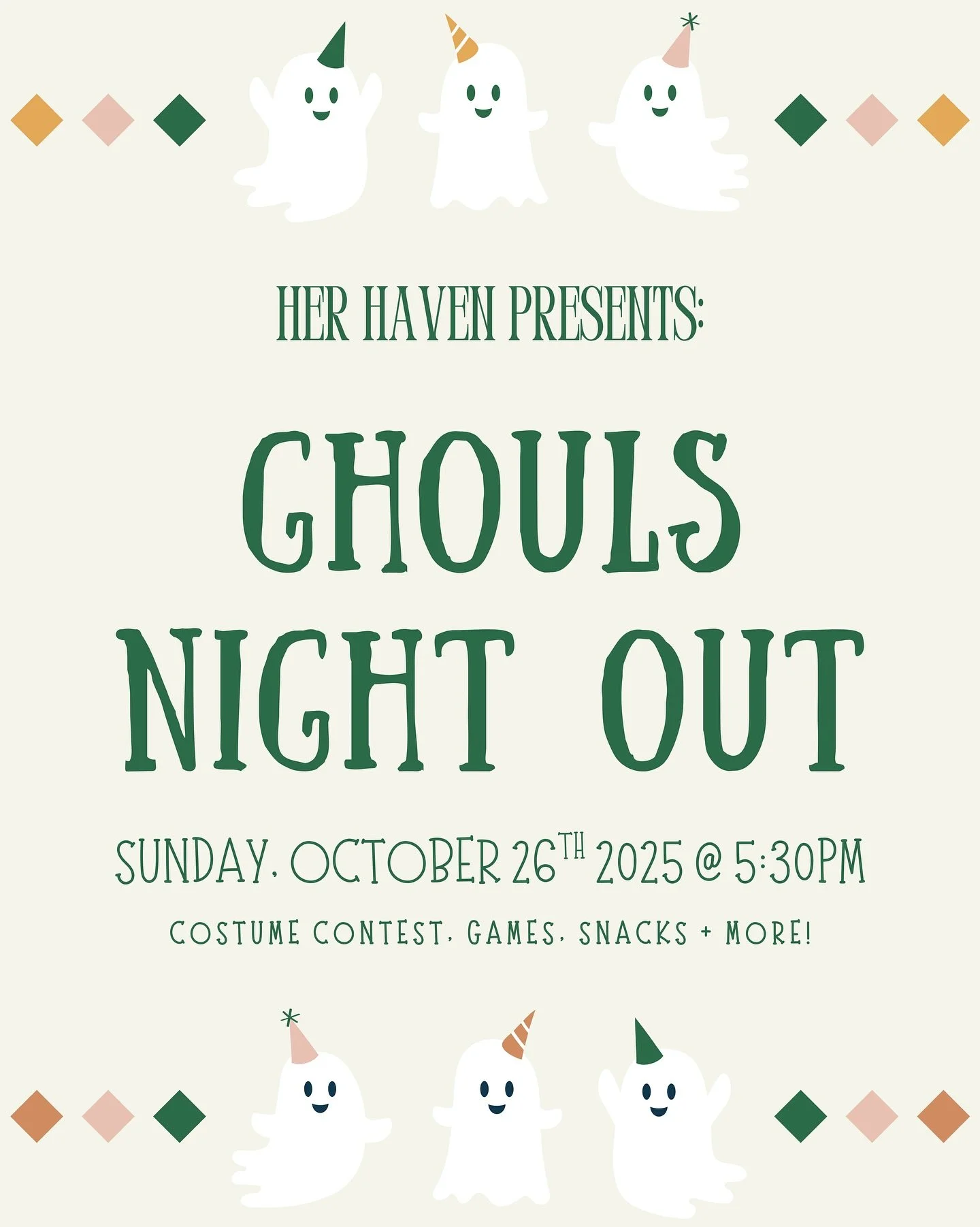 🎃✨ GHOULS NIGHT OUT ✨👯&zwj;♀️

Get ready for the ultimate girls&rsquo; night: costumes, contests, Minute-to-Win-It games, + a cozy fall vibe you won&rsquo;t forget 👻

🍕 Papa John&rsquo;s pumpkin pizzas
🍬 Themed snacks + candy
🥤 Festive punch
📸