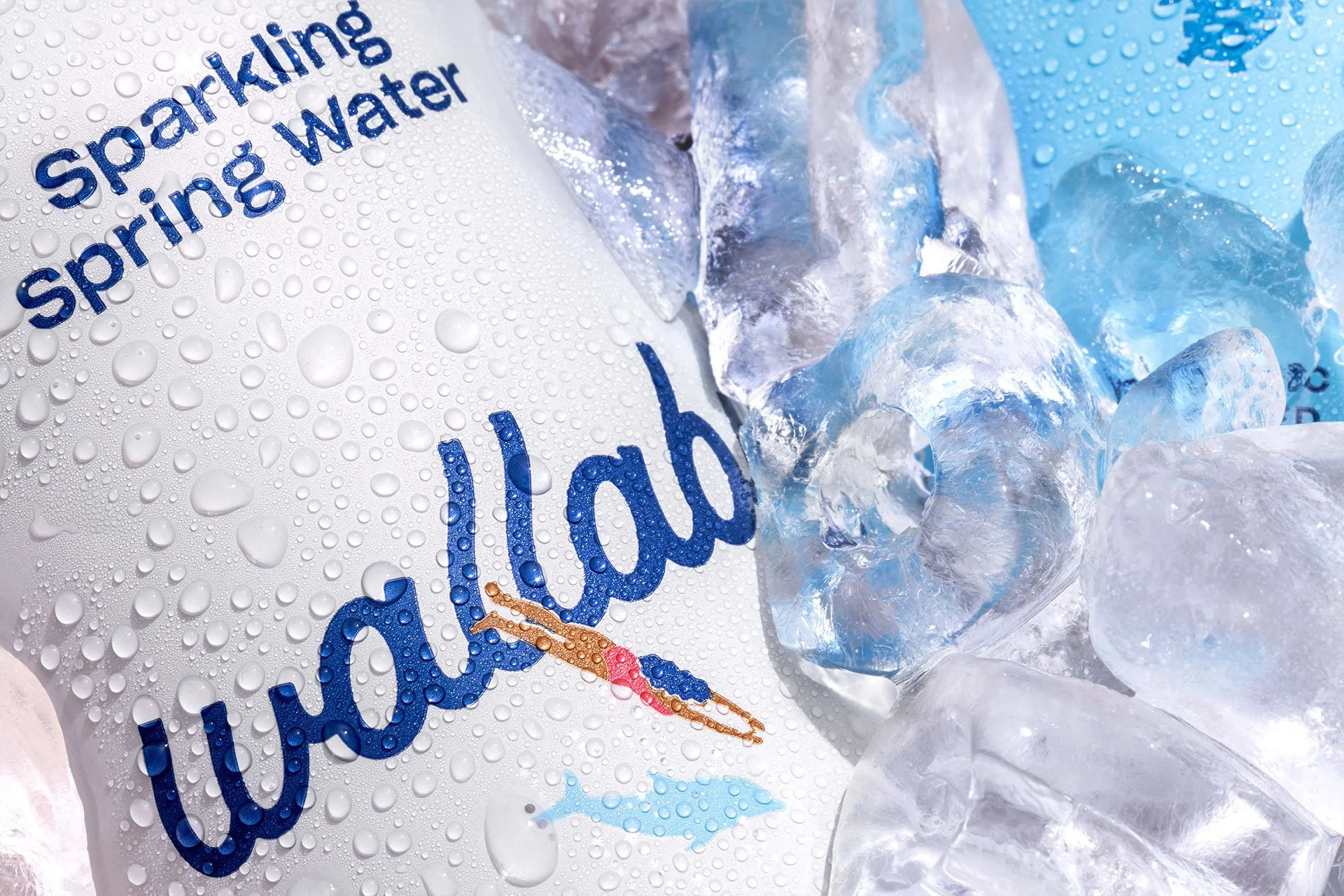 Close-up of sparkling water can with droplets and ice.
