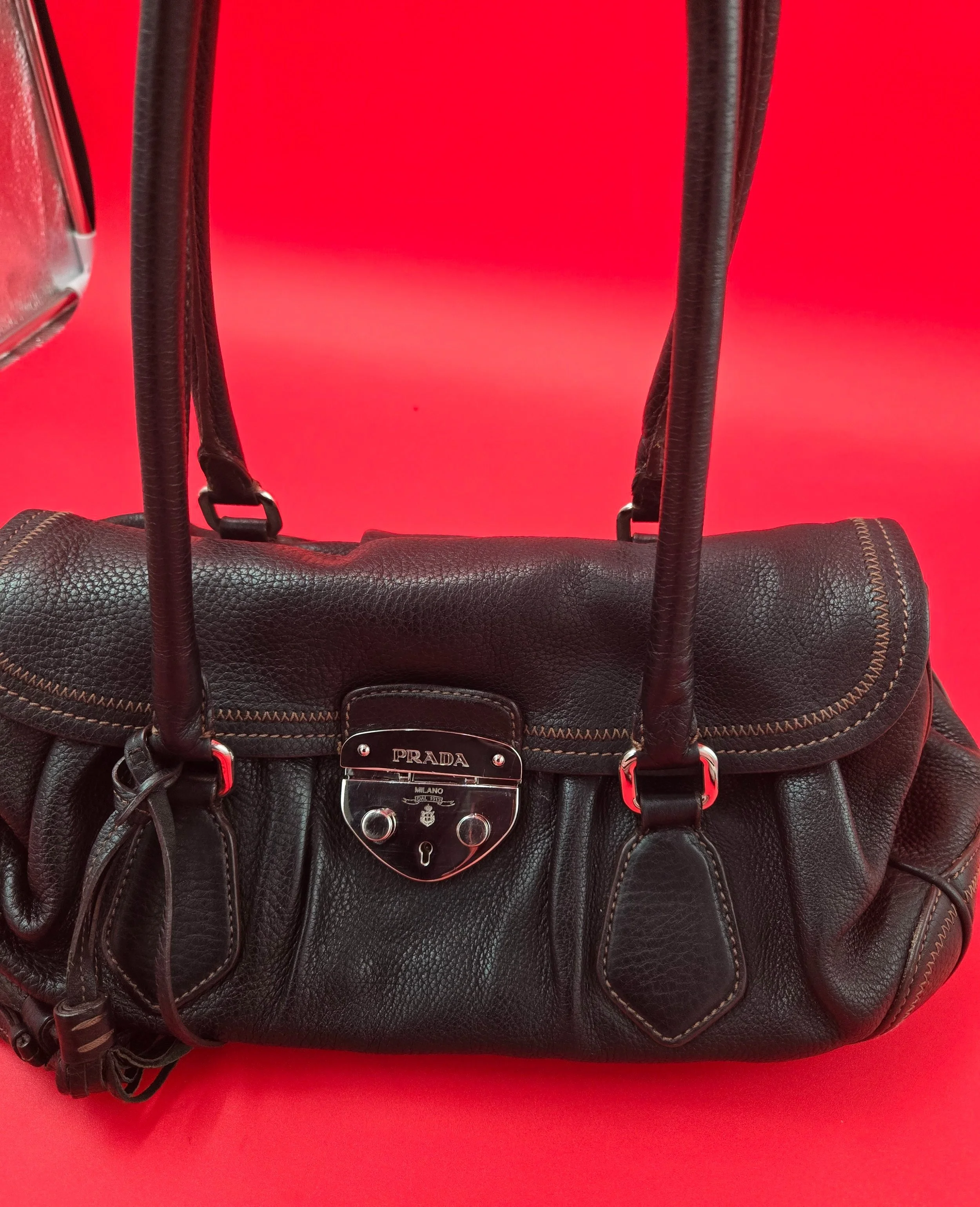 PRADA TASSEL WOMEN'S SHOULDER HANDBAG LEATHER COLOR silver tone/BLACK PRE-LOVED.