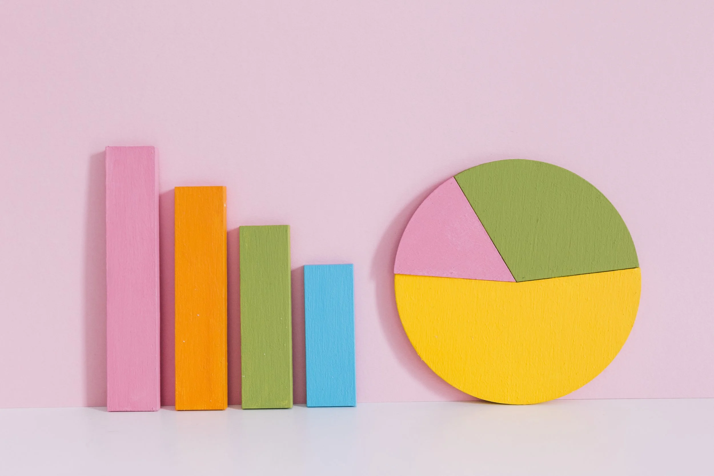 Colorful wooden bar graph and pie chart on pink background