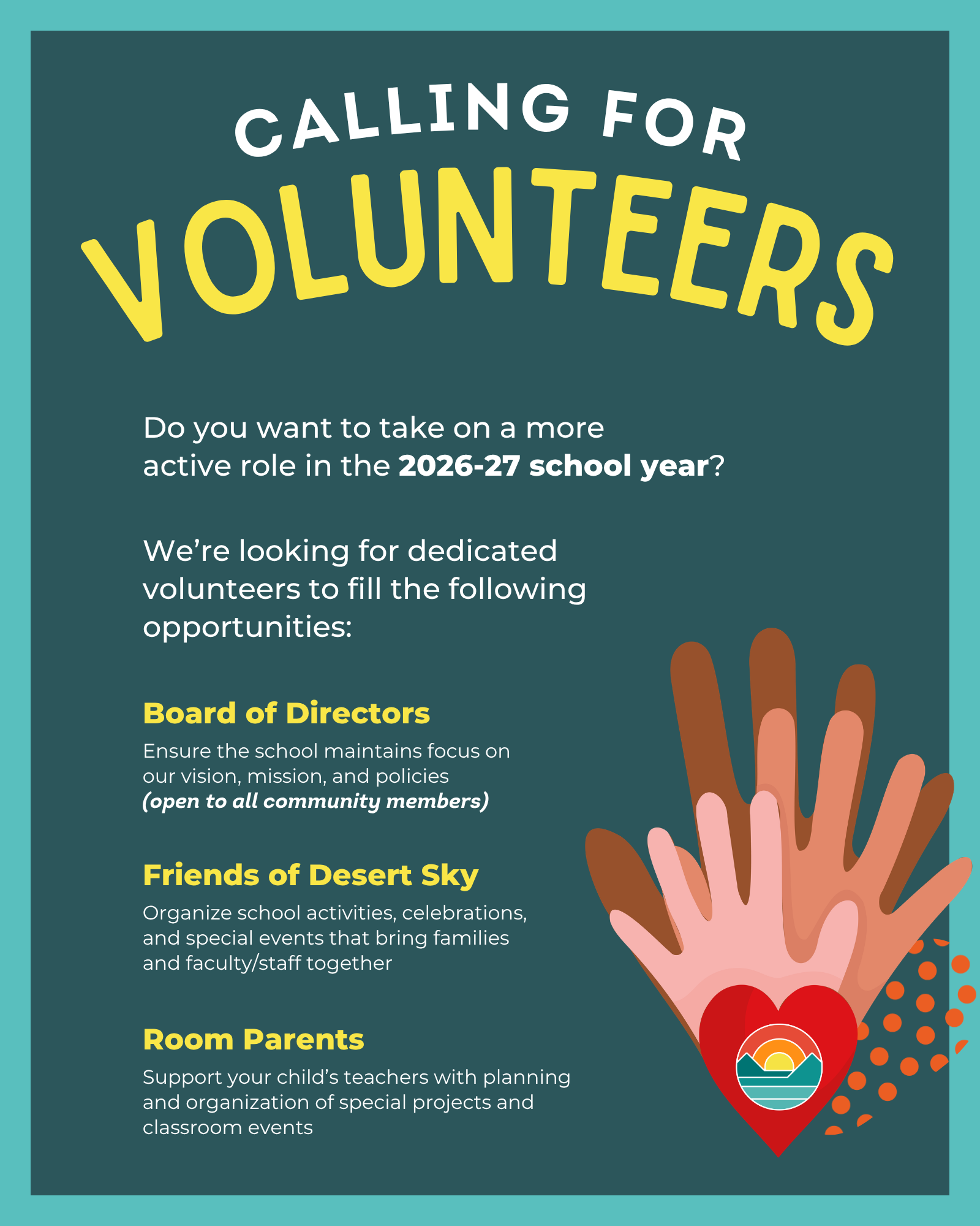 Graphic with information about volunteering for the school's Board of Directors, Friends of Desert Sky, and Room Parents
