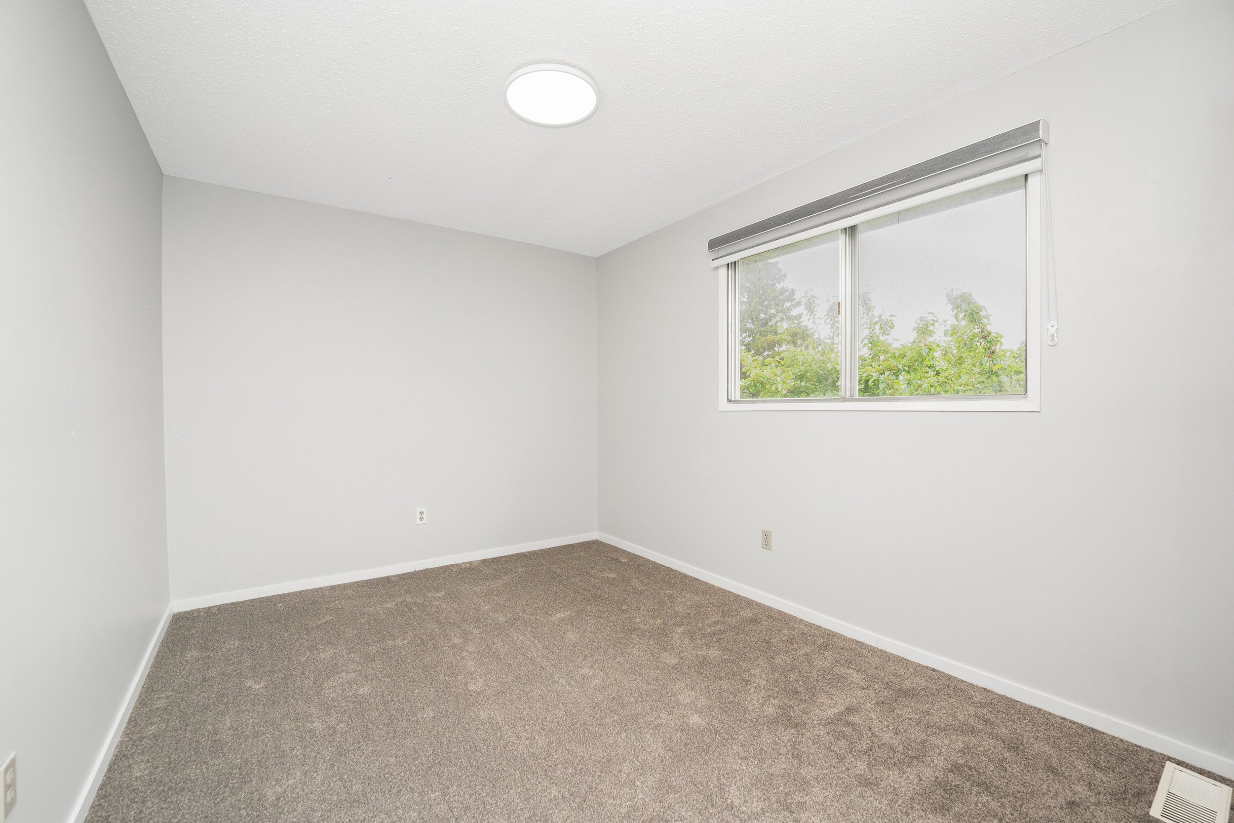 Empty room with beige carpet, white walls, a window with partially open blinds, and a ceiling light.