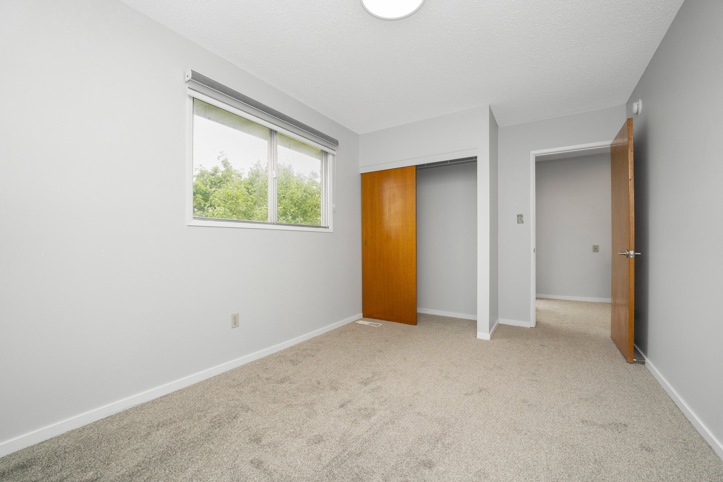 Empty room with beige carpet, white walls, a window with a view of green trees, a wooden door, and a closet with a sliding wooden door.