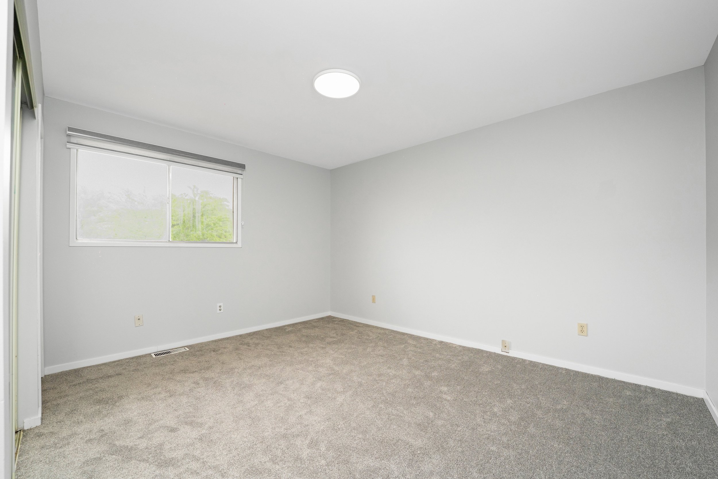 Empty bedroom with light gray walls, gray carpet, a window with a view of trees, and a ceiling light.