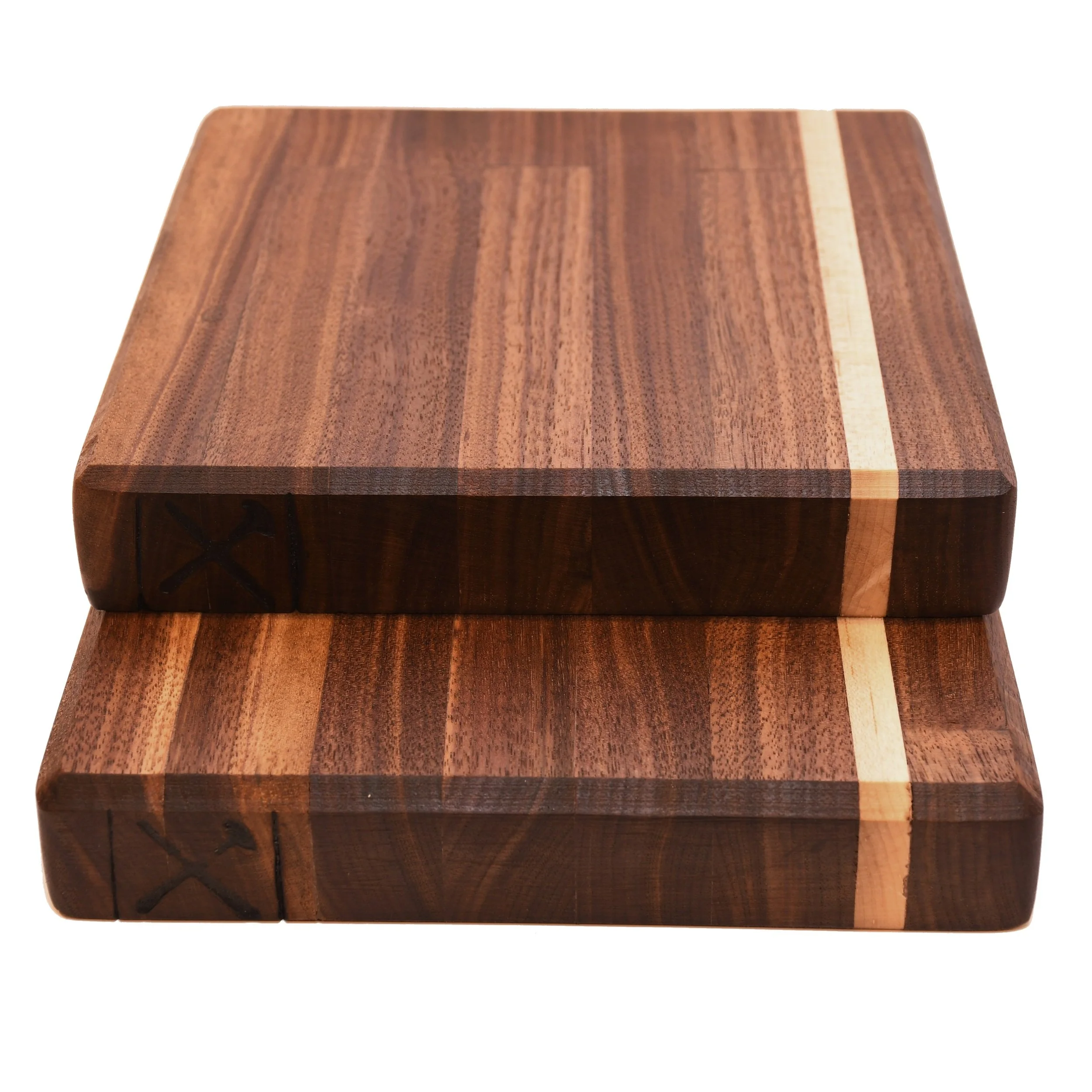 7x7 and 7x9 walnut and maple cutting boards with the new Wood-Forged Logo branded into the side