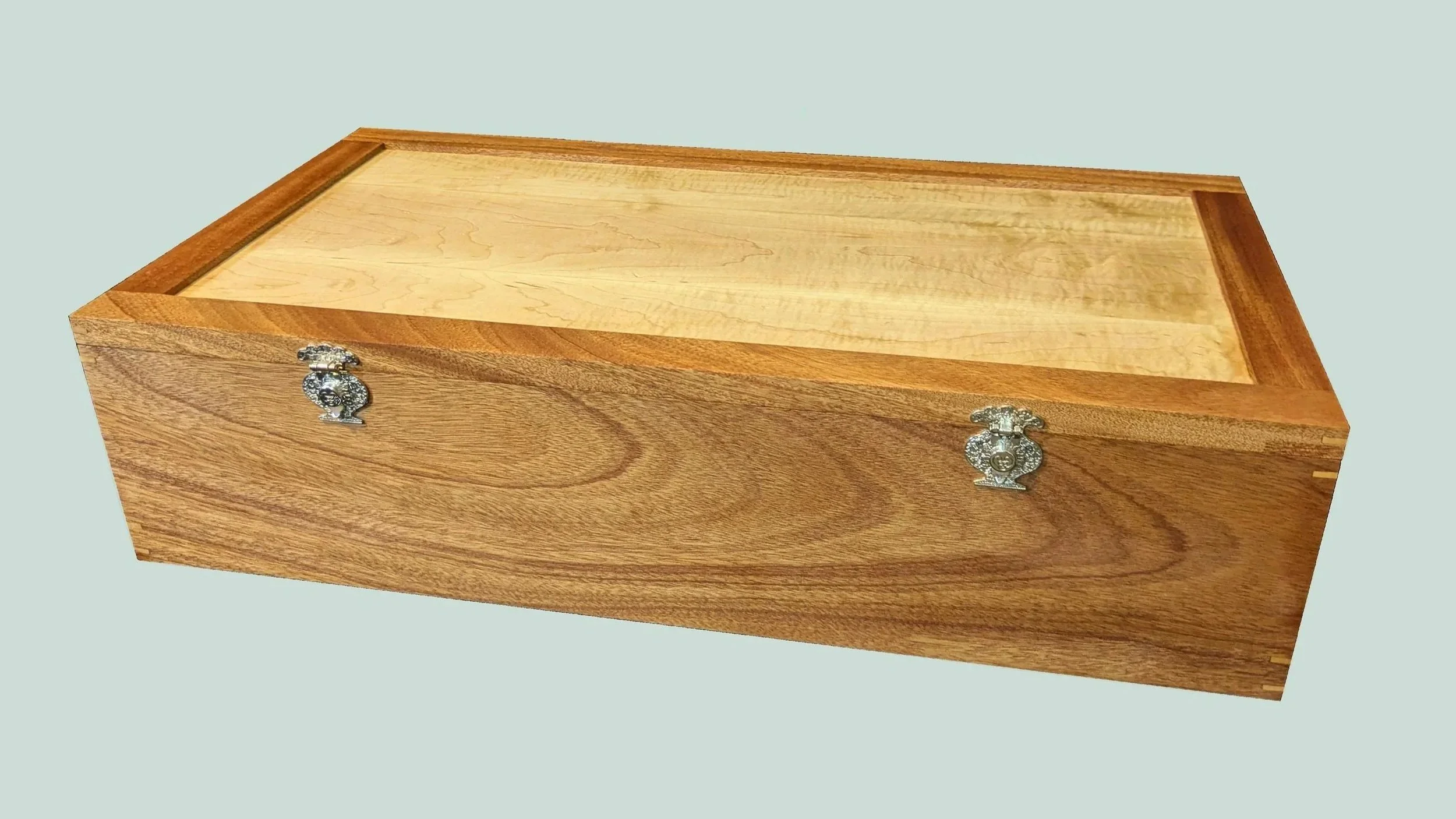 Custom Dress Box (26" X 14" X 9") - African Mahogany with a Curly Maple panel