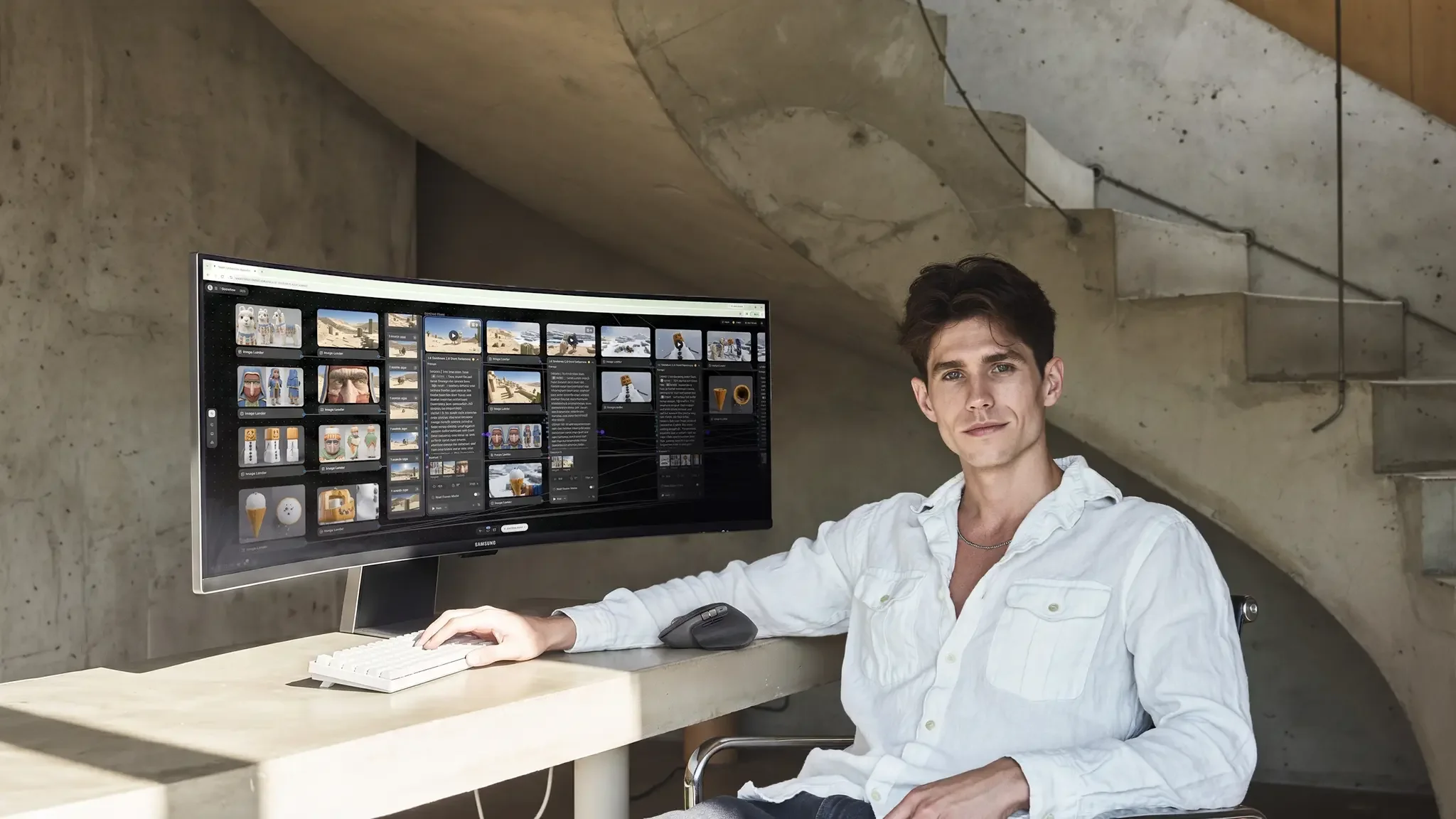 A young man with dark hair and a white shirt sitting at a desk in front of a large computer monitor, working on digital content in a modern, industrial-style space with concrete walls and staircase.