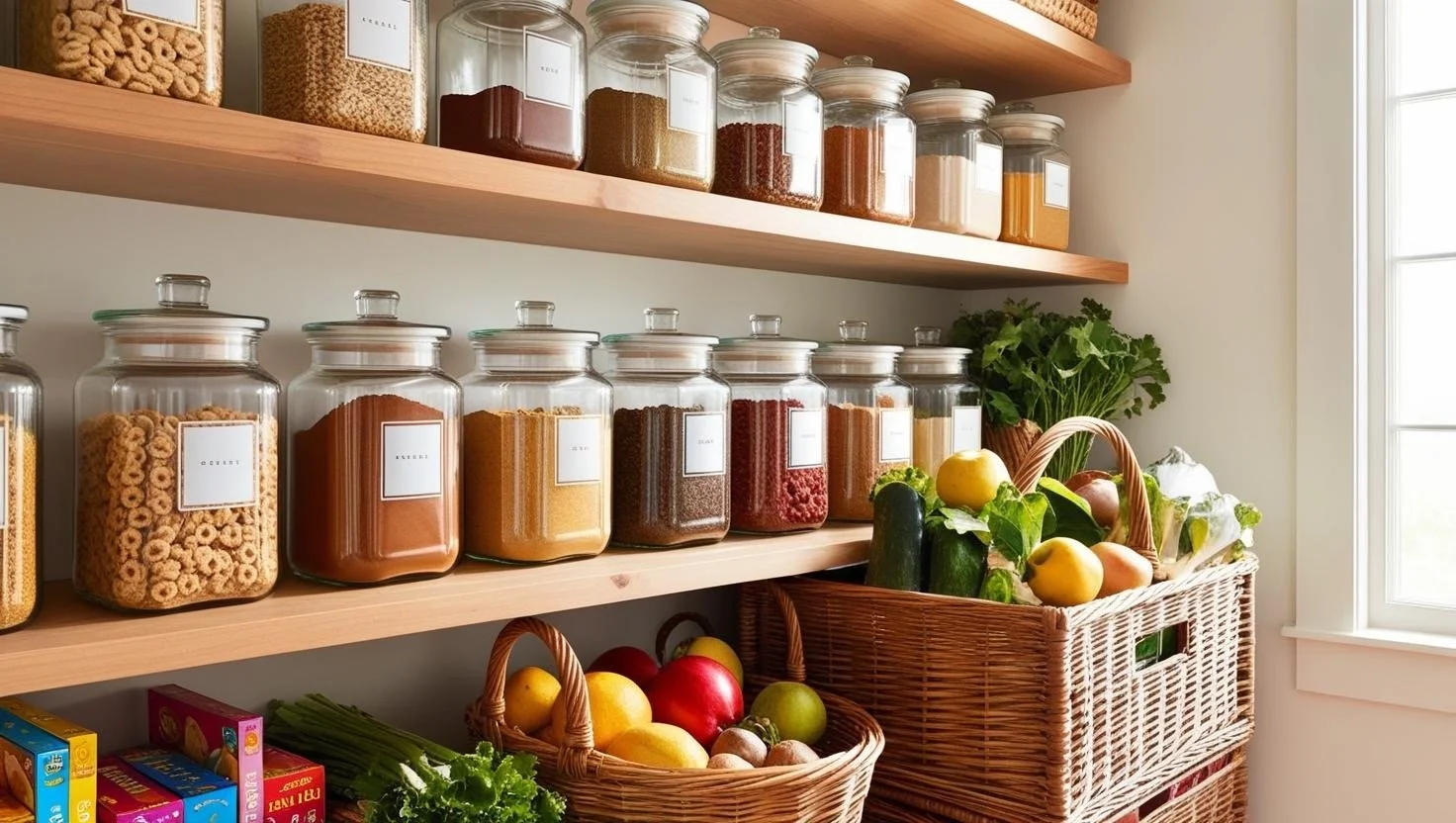 Pantry with glass jars filled with grains, spices, and cereals on wooden shelves; baskets with fresh fruits and vegetables.