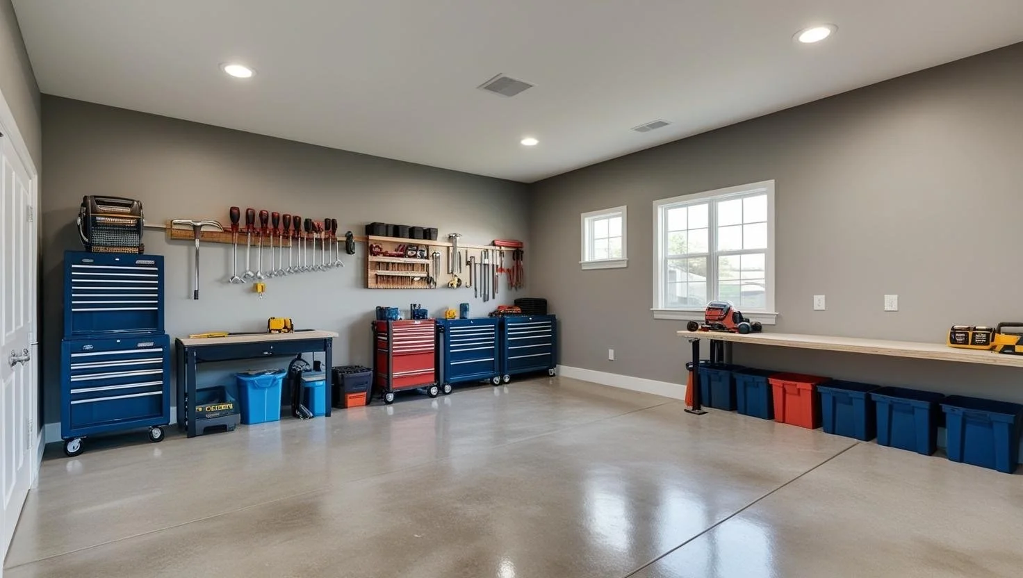 A tidy garage workspace with tool cabinets and workbenches. Blue and red tool chests, a variety of tools on the wall, and storage bins are organized neatly. The floor is clean, and lighting is bright.