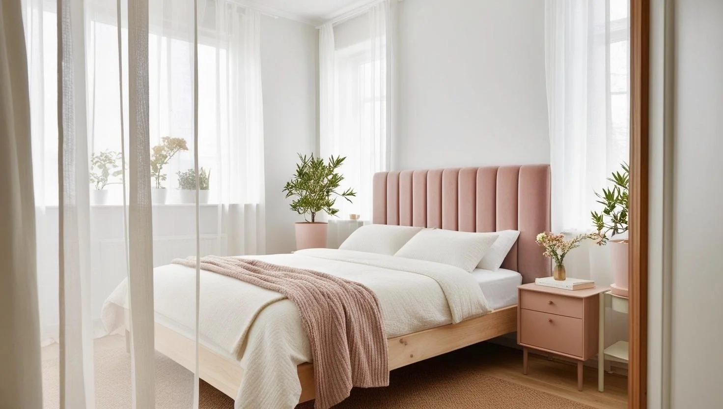 A modern bedroom with a light pink upholstered headboard, white bedding, and a pink knitted throw blanket. The room has sheer white curtains, a potted plant, and a nightstand with a vase of flowers.