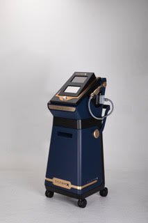 A blue medical or aesthetic laser treatment machine with a touch screen, connected handpieces, and wheels for mobility.