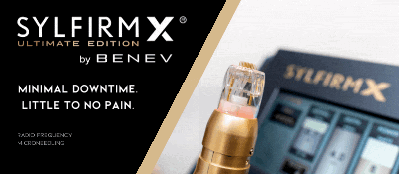 Packaging box and device for Sylfirm X, a skin treatment technology, with text highlighting minimal downtime and no pain, and mentioning radio frequency and microneedling.