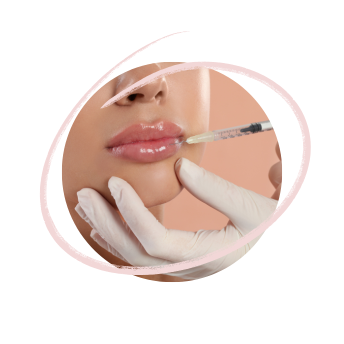 A person receiving lip injections from a medical professional with a syringe.