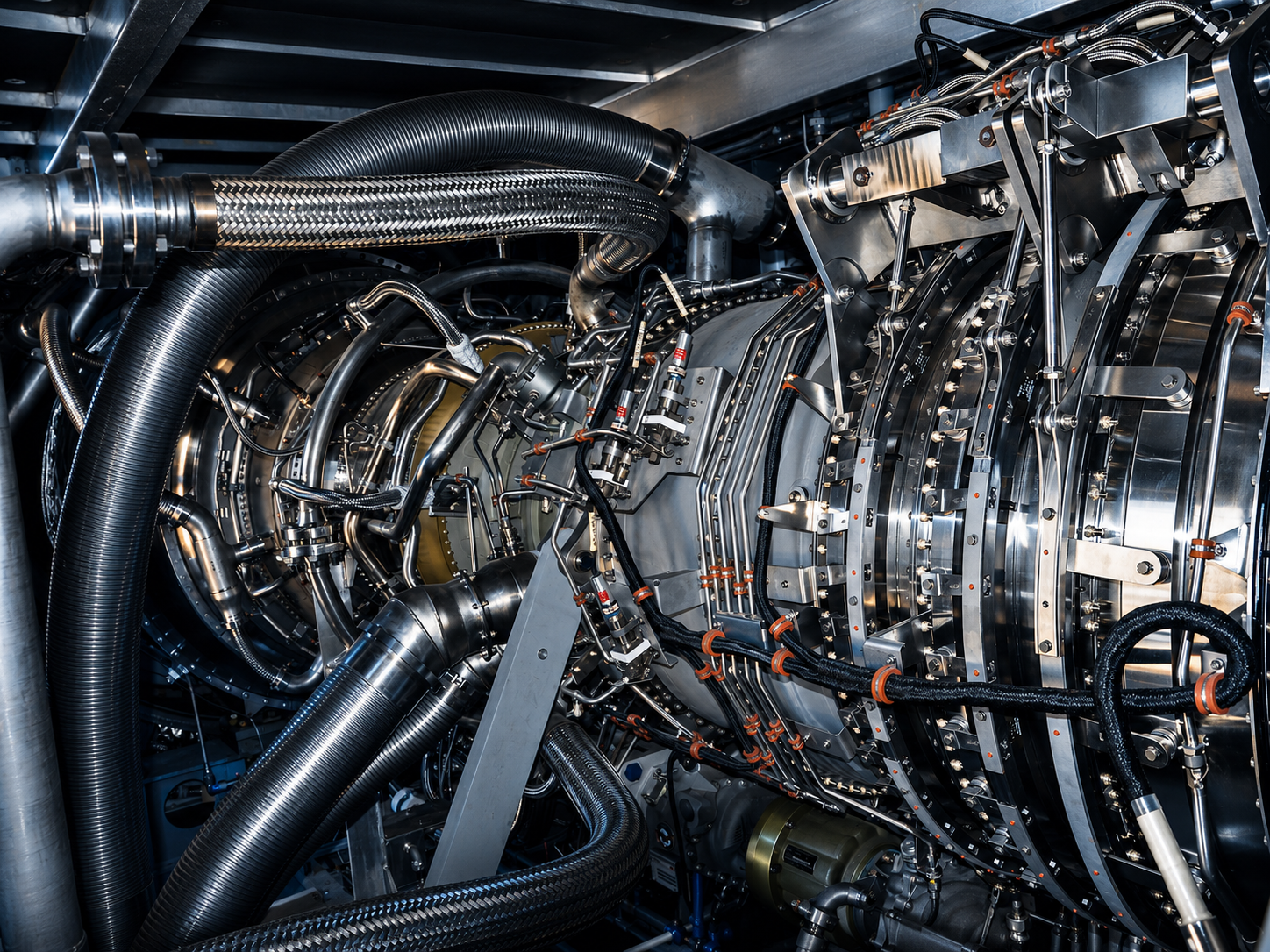 Close-up of a complex, high-tech machinery with interconnected metal pipes, tubes, and mechanical parts, likely part of an engine or industrial system.