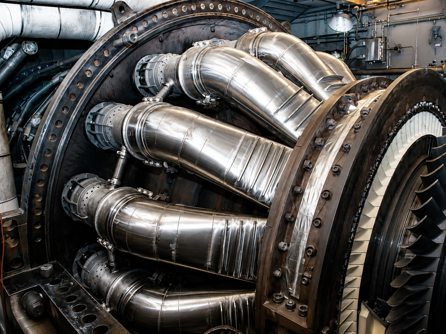 Close-up of a large industrial turbine with shiny metallic blades and components in a factory setting.