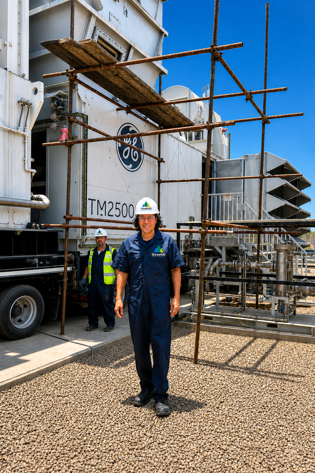 Two workers wearing safety helmets and uniforms standing in front of large industrial equipment with scaffolding. One worker is smiling at the camera, and the other stands in the background. The equipment displays the GE logo and model number TM2500. The scene is outdoors on a gravel surface under a clear blue sky.